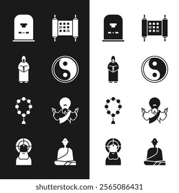 Set Yin Yang, Monk, Tombstone with RIP written, Decree, paper, parchment, scroll, Rosary beads religion, Jesus Christ, Buddhist monk and  icon. Vector