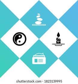 Set Yin Yang, Ointment cream tube, Stack hot stones and Aroma candle icon. Vector.
