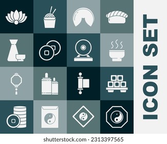 Set Yin Yang, Sushi on cutting board, Chinese tea ceremony, fortune cookie, Yuan currency, Lotus flower and Gong icon. Vector