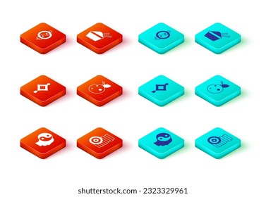 Set Yin Yang symbol, Chinese Yuan currency, paper lantern, Peach fruit or nectarine, ice bowl with chopstick and  icon. Vector