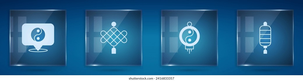 Set Yin Yang symbol, Chinese paper lantern,  and . Square glass panels. Vector