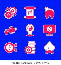 Set Yin Yang symbol, Chinese Yuan currency, Peach fruit or nectarine, tea ceremony, fortune cookie and  icon. Vector