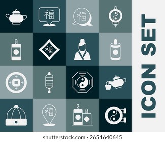Set Yin Yang symbol, Chinese tea ceremony, Firework, New Year,  and Asian woman icon. Vector
