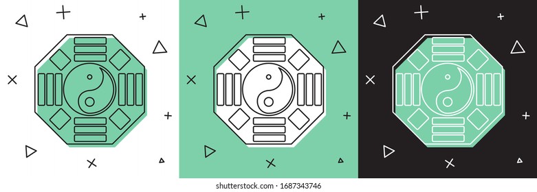 Set Yin Yang Symbol der Harmonie und Balance Symbol einzeln auf weißem und grünem, schwarzem Hintergrund. Vektorillustration-Illustration