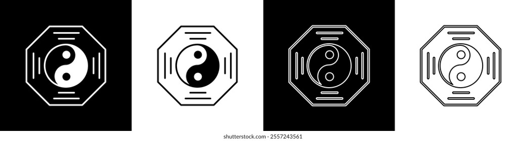 Set Yin Yang symbol of harmony and balance icon isolated on black and white background.  Vector