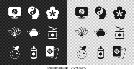 Set Yin Yang symbol, Lotus flower, Peach fruit or nectarine, Firework, Chinese New Year,  and tea ceremony icon. Vector