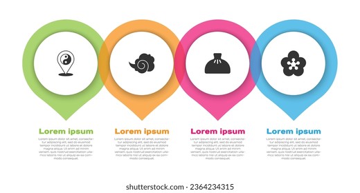 Establezca el símbolo Yin Yang, la niebla mágica o el humo, el Dumpling y la flor Lotus. Plantilla de infografía empresarial. Vector