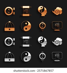 Set Yin Yang symbol, Magic fog or smoke, Chinese New Year, paper lantern, hat,  and  icon. Vector