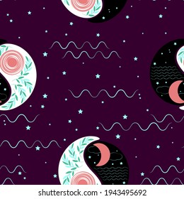 Set of Yin Yang symbols, day and night, sun and moon, unity and opposites against background of starry sky. Seamless vector pattern for esoteric session design.