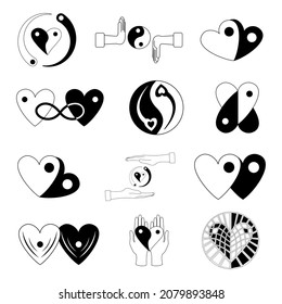 Set of yin yang symbols in different variants. Black and white heart. Vector illustration in flat style