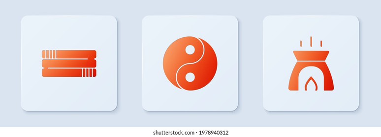 Set Yin Yang, Towel stack and Aroma candle. White square button. Vector