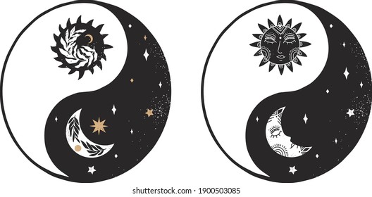 Set Of Ying And Yang In Boho Style. Vector Illustration.