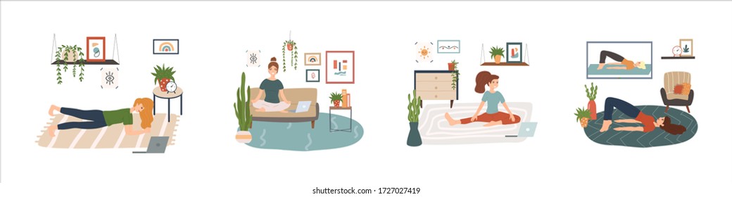 
Set of yoga activity at home. Bundle of yoga exercises workout indoor scenes. Young woman doing  fitness, stretching, meditating online class at cozy room. Flat cartoon vector illustration.