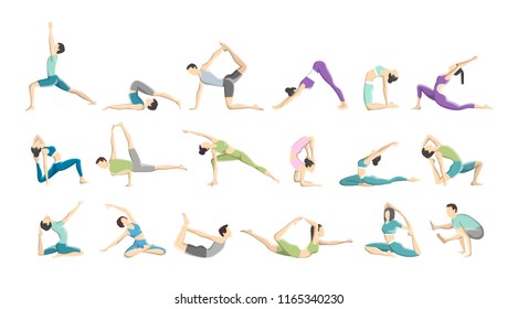 Set of yoga asana or exercise for men and women. Physical and mental health. Body relaxation and meditation. Isolated vector illustration