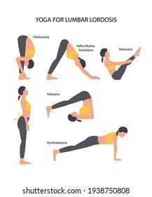 Set of yoga asanas for lumbar lordosis. Vector illustration