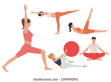 Set of yoga asanas. Man and women holding poses, exercising with ball, sitting in lotus pose. Fitness concept. Vector illustration can be used for topics like meditation or morning exercise