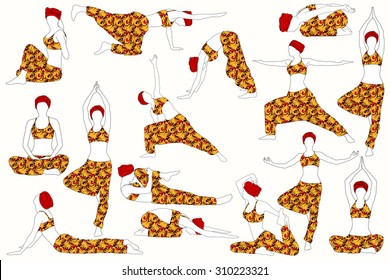 A set of yoga asanas silhouettes