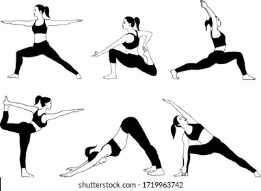 Set of yoga asanas. Woman in yoga poses. Isolated vector illustration