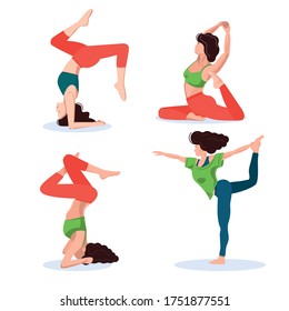 Set of yoga asanas. A young thin woman is being coached and stretched.