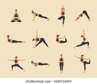 Set of yoga asanas. Young woman demonstrating various yoga or pilates positions isolated on light background.  Sports female character. Stock vector illustration in flat style for sports blog.