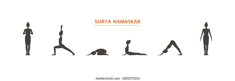 Set yoga ashtanga surya namaskar full circle woman silhouette vector illustration isolated on white background