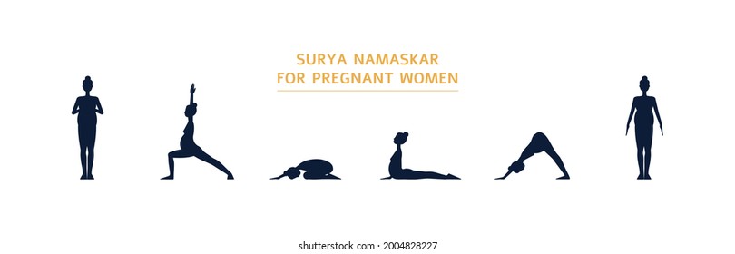 Set yoga ashtanga surya namaskar full circle for pregnant woman silhouette vector illustration isolated on white background