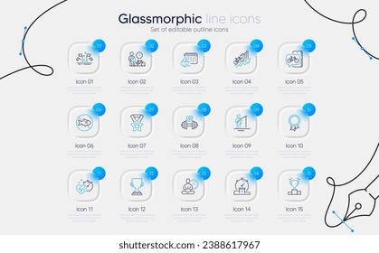 Set of Yoga, Bike courier and Cardio training line icons for web app. Fisherman, Training results, Fitness calendar icons. Bike app, Winner podium, Ole chant signs. Award cup, Success. Vector