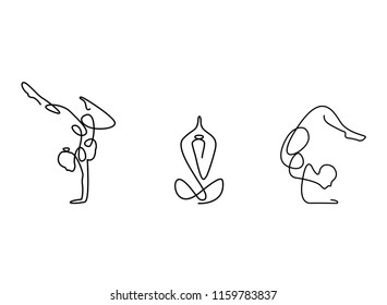 set of yoga, continuous line drawing of women fitness yoga concept vector health illustration