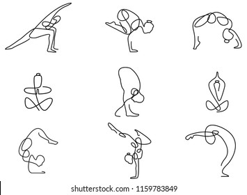 set of yoga, continuous line drawing of women fitness yoga concept vector health illustration