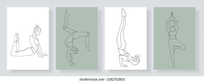 set of yoga, continuous line drawing of women fitness yoga concept vector health illustration