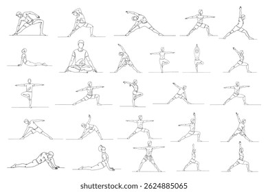 Set of yoga, A continuous line drawing Man Yoga vector illustrations on a white background