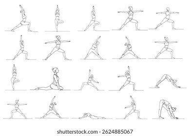 Set of yoga, A continuous line drawing Woman Yoga vector illustrations on a white background