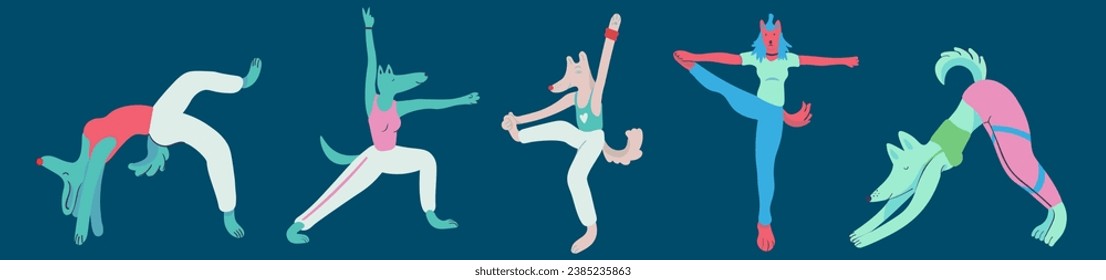 conjunto de perros de yoga en vector. ejercicio de forma plana. Plantilla para el afiche del logo del sticker de postal para el sitio web de la aplicación. Una serie de perros peludos de estilo plano