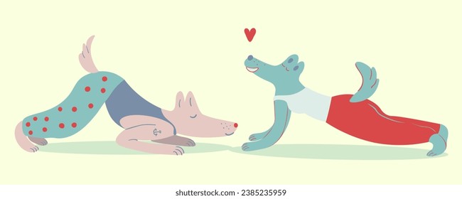 conjunto de perros de yoga en vector. ejercicio de forma plana. Plantilla para el afiche del logo del sticker de postal para el sitio web de la aplicación. Una serie de perros peludos de estilo plano