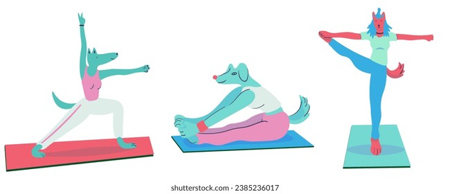 conjunto de perros de yoga en vector. ejercicio de forma plana. Plantilla para el afiche del logo del sticker de postal para el sitio web de la aplicación. Una serie de perros peludos de estilo plano