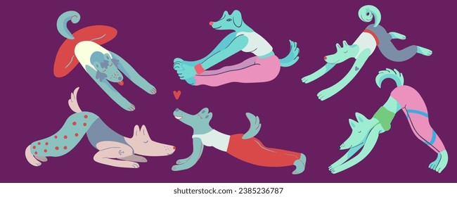 conjunto de perros de yoga en vector. ejercicio de forma plana. Plantilla para el afiche del logo del sticker de postal para el sitio web de la aplicación. Una serie de perros peludos de estilo plano