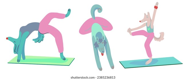 conjunto de perros de yoga en vector. ejercicio de forma plana. Plantilla para el afiche del logo del sticker de postal para el sitio web de la aplicación. Una serie de perros peludos de estilo plano