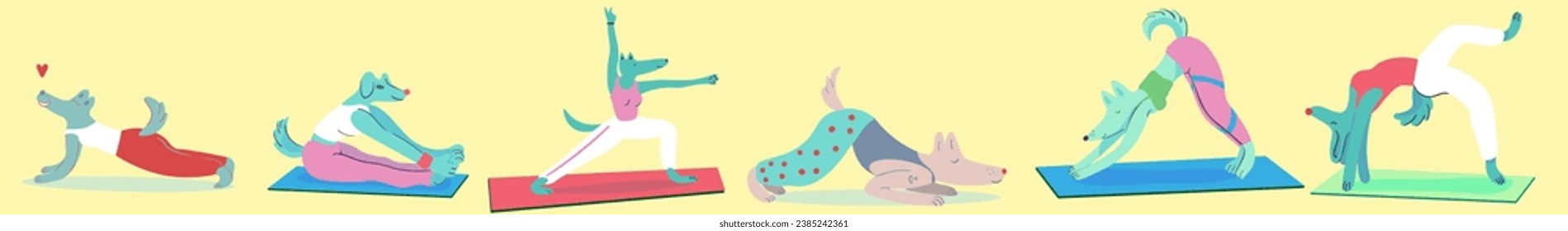 conjunto de perros de yoga en vector. ejercicio de forma plana. Plantilla para el afiche del logo del sticker de postal para el sitio web de la aplicación. Una serie de perros peludos de estilo plano