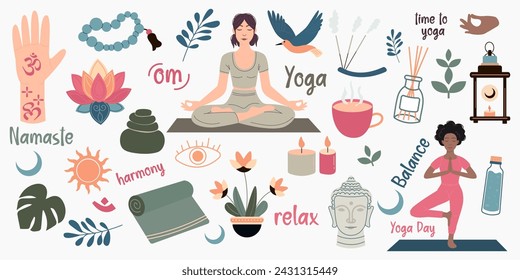 Set of yoga elements in flat style