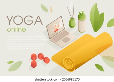 Set of yoga equipment for home training with a video lesson on the laptop. Living room accessories such as leaves, aroma sticks. Isometric illustration of sports mat, fitness shaker, and dumbbells.