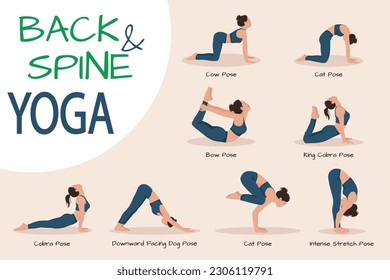Set of Yoga exercises for Back and spine, infographics, young woman doing yoga asanas, vector illustration