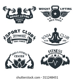 Conjunto de emblemas de yoga y fitness, etiquetas, insignias, logos y elementos de diseño.  Signos de negocio, símbolos, plantillas de identidad y elementos de diseño.