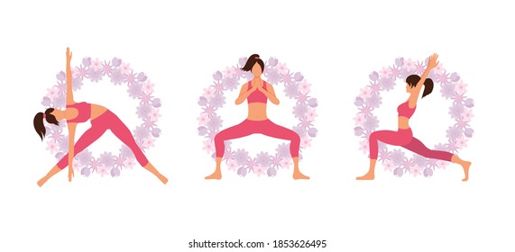 Set of  yoga & fitness exercises. Healthy lifestyle. Collection of female cartoon characters demonstrating various yoga positions isolated on white background. Vector illustration