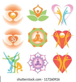 Set of yoga and health colorful icons and symbols. Vector illustration.