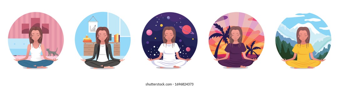 Set for yoga at home, practice online yoga in the room, enjoying meditation, icons with a girl in lotus pose relaxing with her pet cat. Online courses. Vector flat cartoon colorful illustration