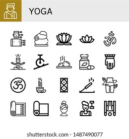 Set of yoga icons such as Athlete, Acupuncture, Lithotherapy, Lotus flower, Om, Yoga, Rope biking, Herbal, Hamsa, Incense, Carpet, Diet, Yoga mat, Relax, Fitness, Inversion therapy ,