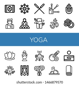 Set of yoga icons such as Carpet, Athlete, Buddhism, Buddha, Acupuncture, Diet, Om, Jainism, Lotus, Exercise, Relax, Inversion therapy, Incense, Aromatic, Herbal, Lithotherapy , yoga