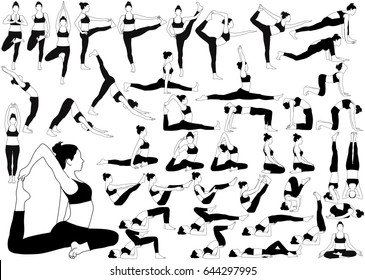Set of yoga icons. Vector silhouettes of woman in costume doing yoga exercises. Slim flexible girl stretching her body in different yoga poses to make in strong and healthy.