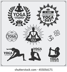 Set of yoga labels, logos and design elements for yoga or fitness studio. 