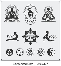 Set of yoga labels, logos and design elements for yoga or fitness studio. 